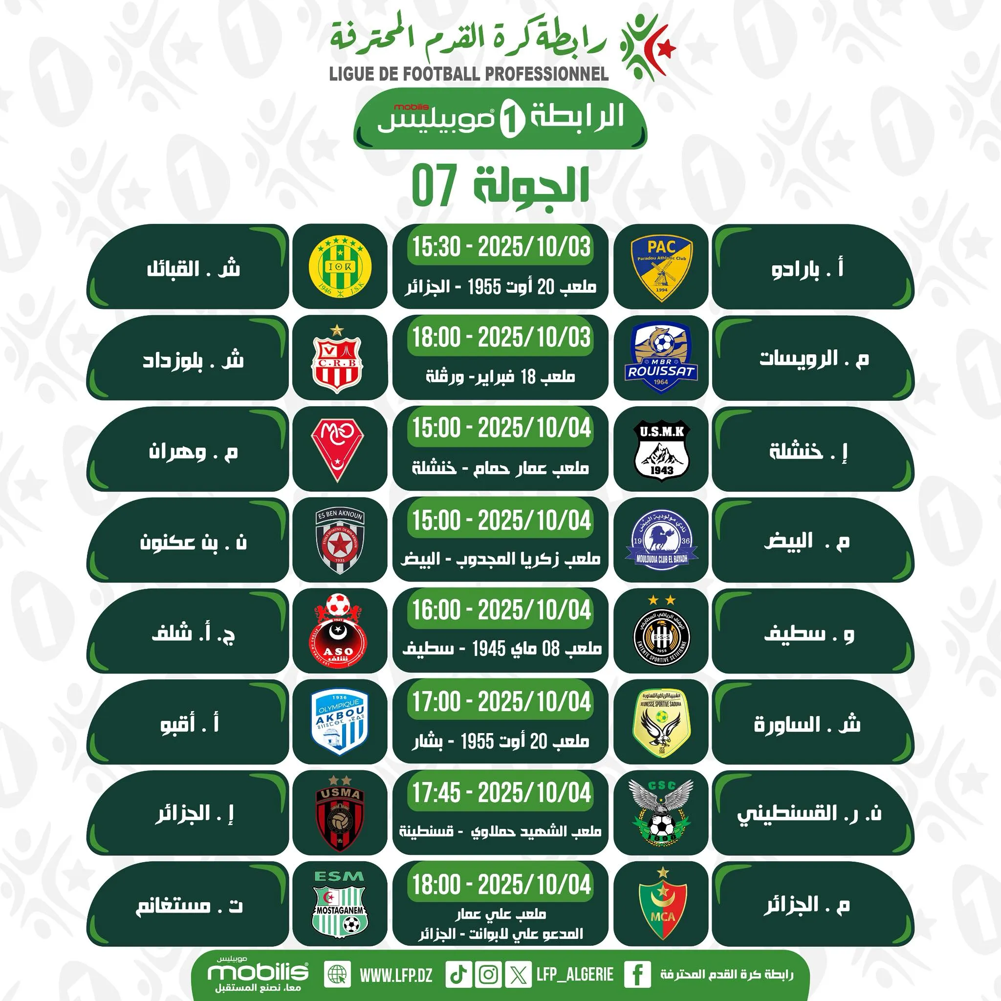 الرابطة المحترفة لكرة القدم تكشف عن  توقيت لقاءات الجولة الـ 7